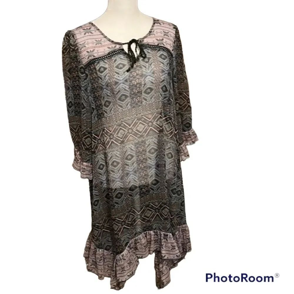 Sun & Shadow sz S black & blue print ruffled hem & sleeves swimsuit coverup GUC
